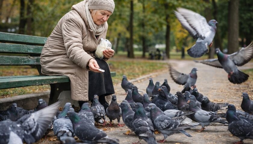Що їдять голуби — старенька жінка годує голубів у парку зерном